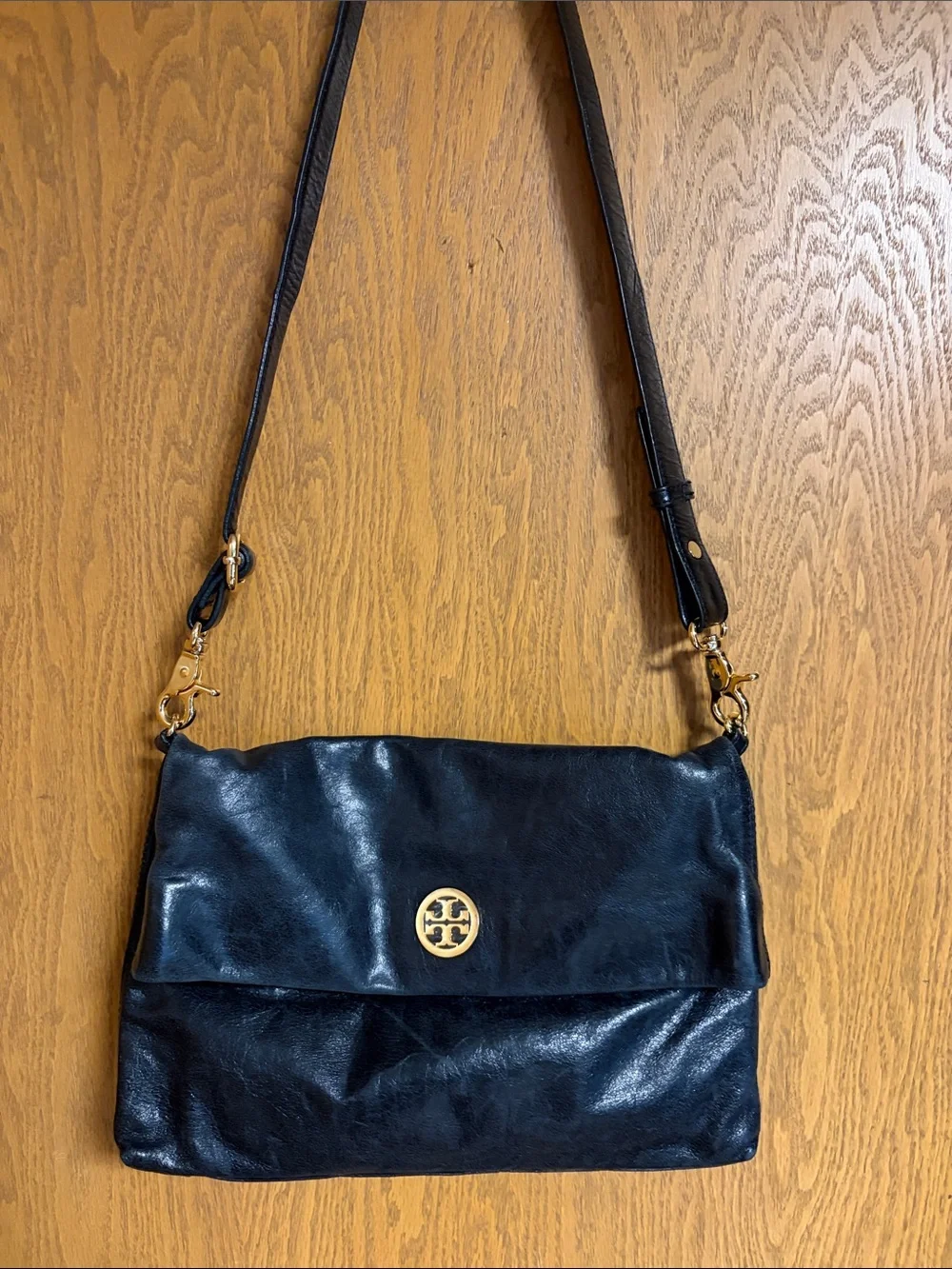Tory Burch Vintage Dena Black Leather 3in 1 Foldover approx 12”x8”x1.5”